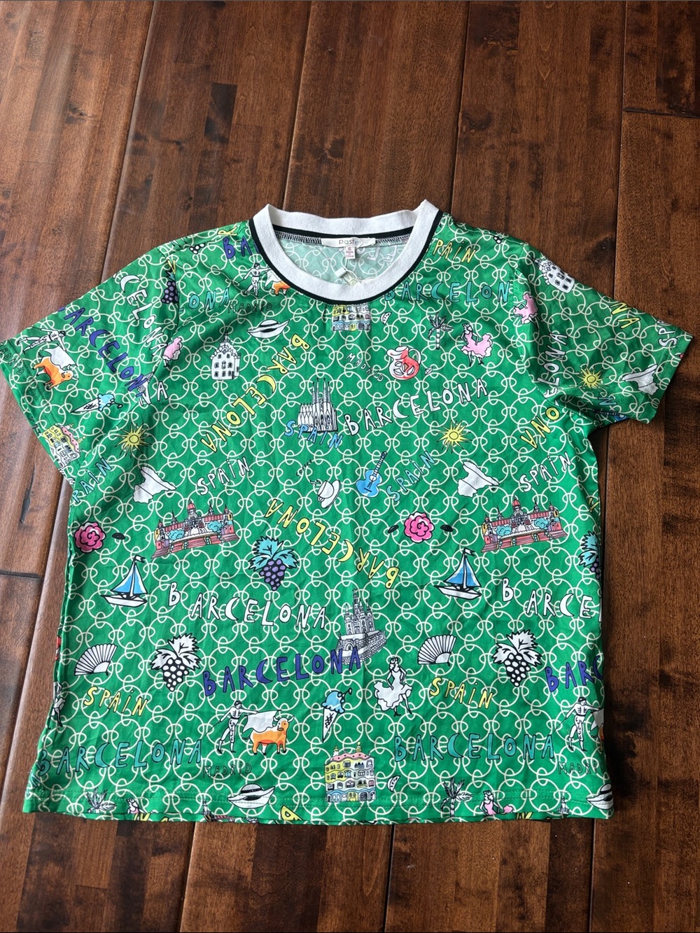Pastels Clothing Green Barcelona Print Short Sleeve Tee with Contrast Collar